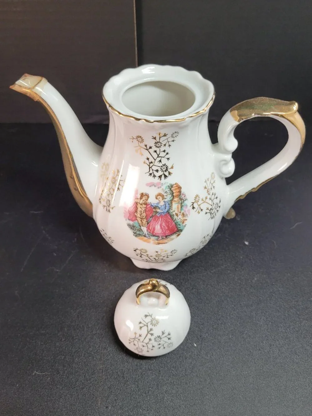 Vintage Gold Gilt Teapot Hand Painted Lovers Romeo & Juliet Made In Japan